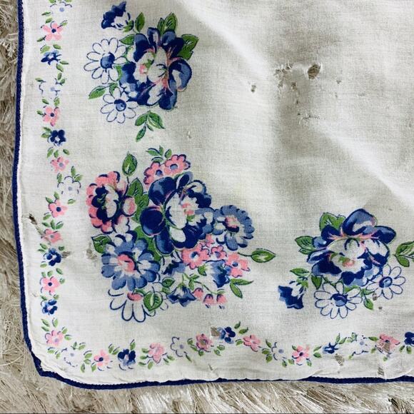 Vintage Handkerchief Floral 60s Cotton Blue Pink - Picture 2 of 6